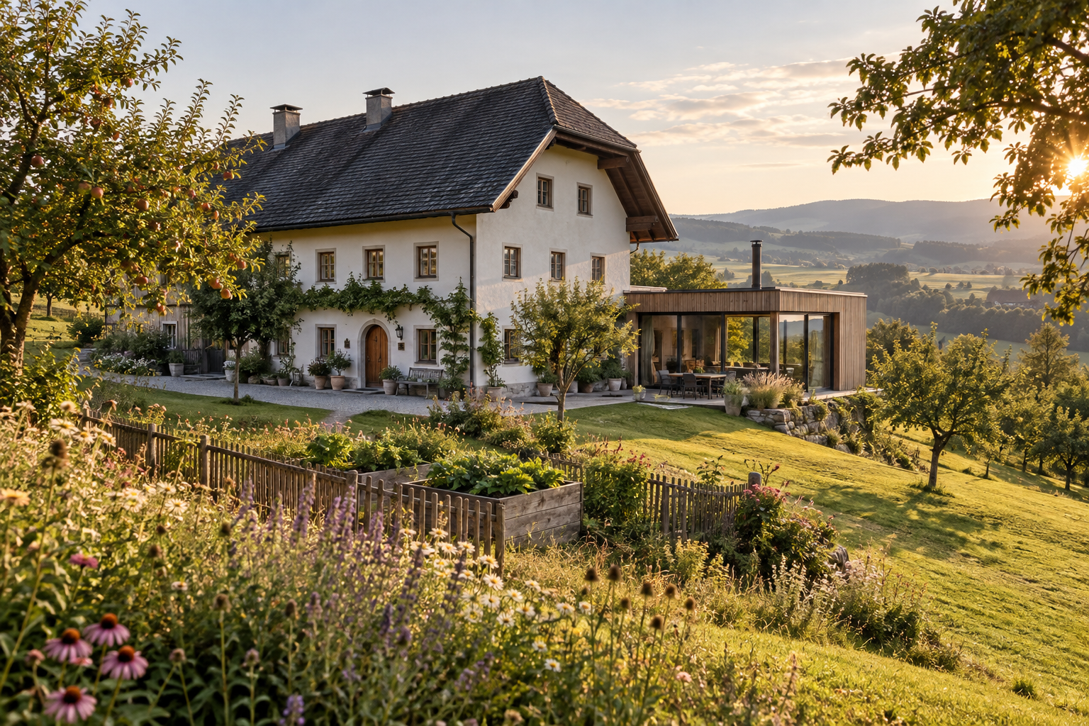 Renoviertes oberösterreichisches Landhaus mit Obstgarten und moderner Holzerweiterung
